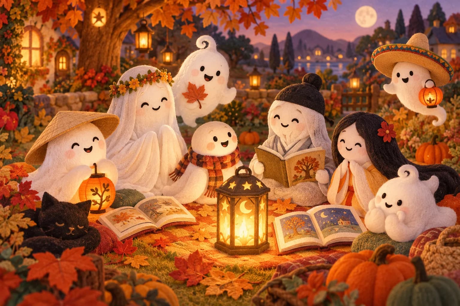 Des fantômes souriants réunis autour d’une lanterne dans un jardin d’automne