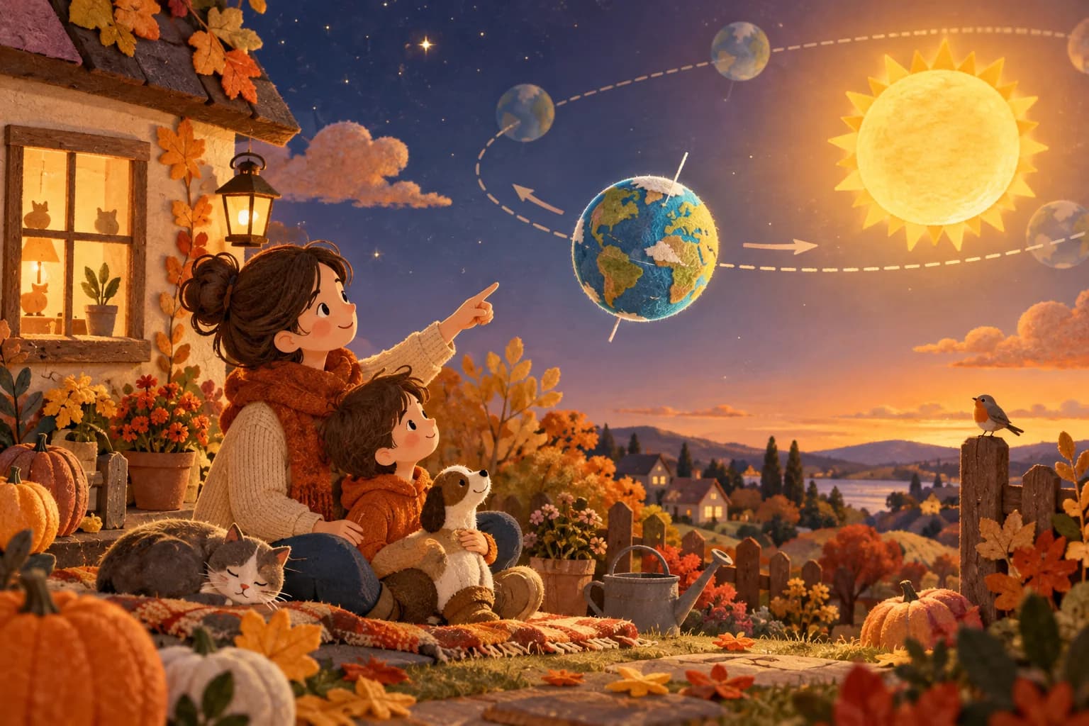 Un enfant observe le ciel du soir avec un adulte pendant une douce journée d’automne