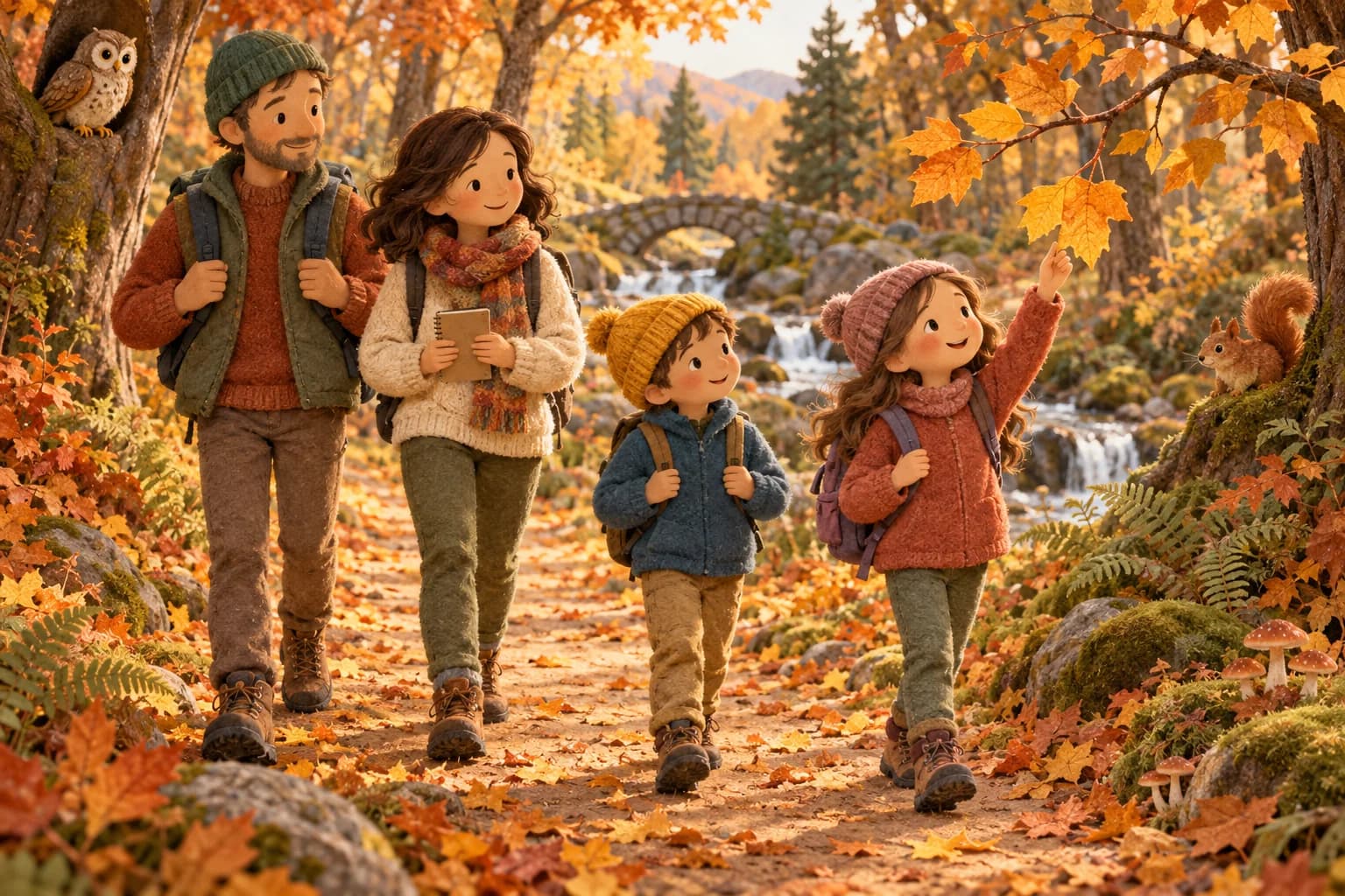 Une famille équipée de chaussures de marche observe les feuilles le long d’un sentier forestier en automne.