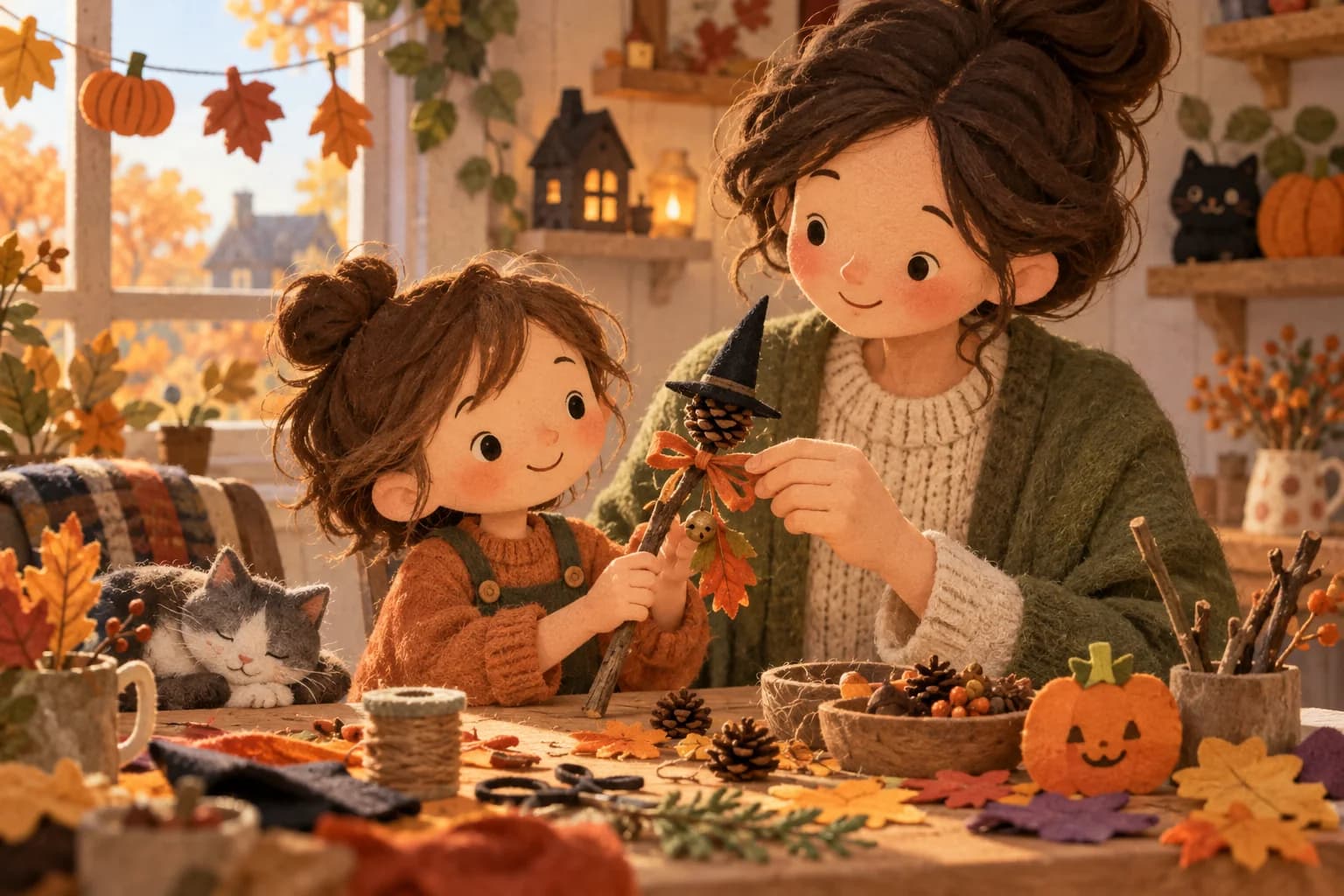 Un enfant et un parent décorent une brindille avec des feuilles et du papier pour créer un bâton de sorcière décoratif