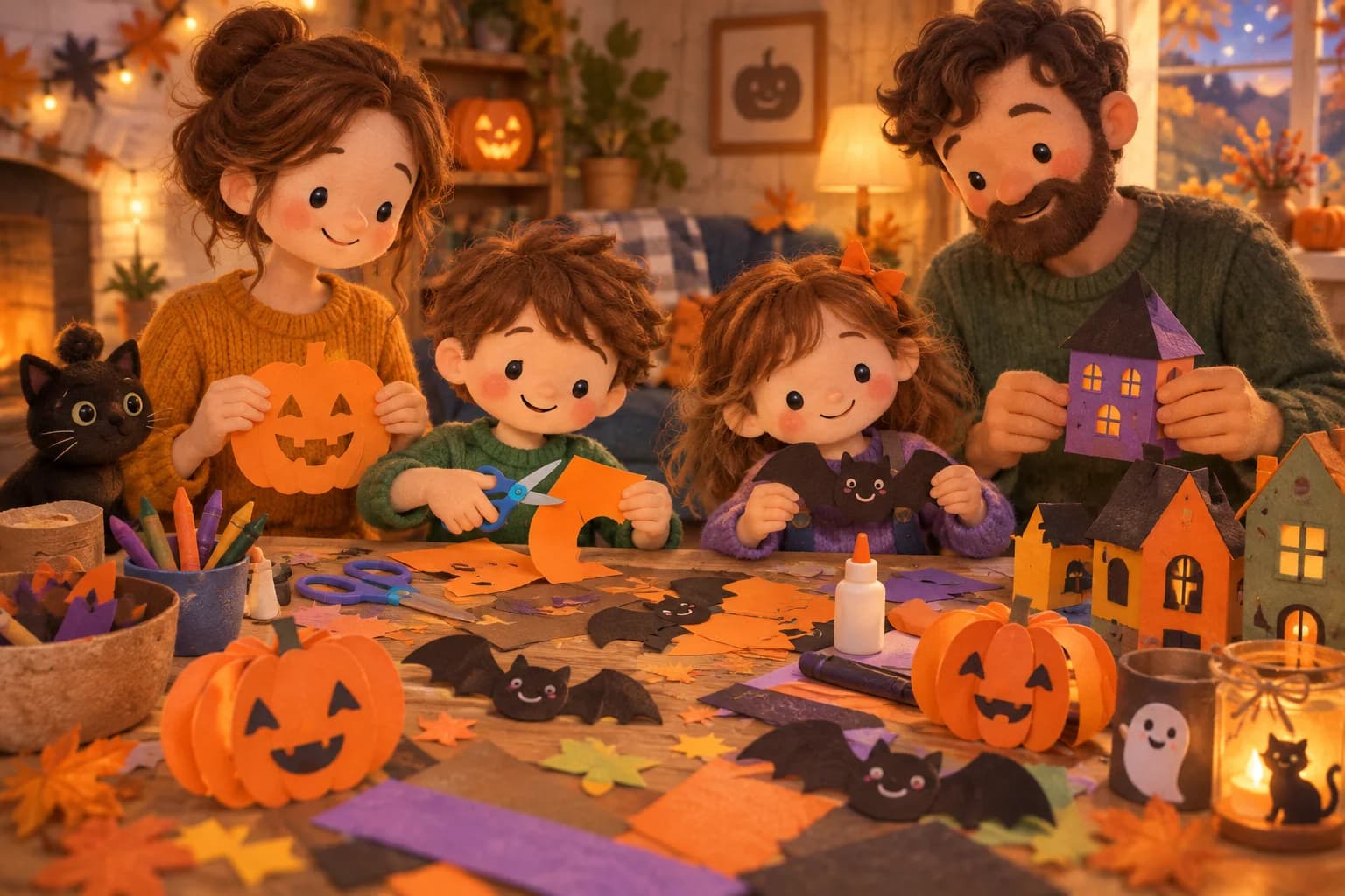 Une famille réalise des bricolages d'Halloween doux autour d'une table