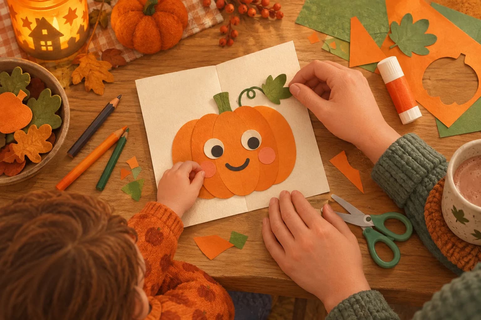 Des mains d’enfant et d’adulte décorent une carte avec une citrouille souriante en papier.