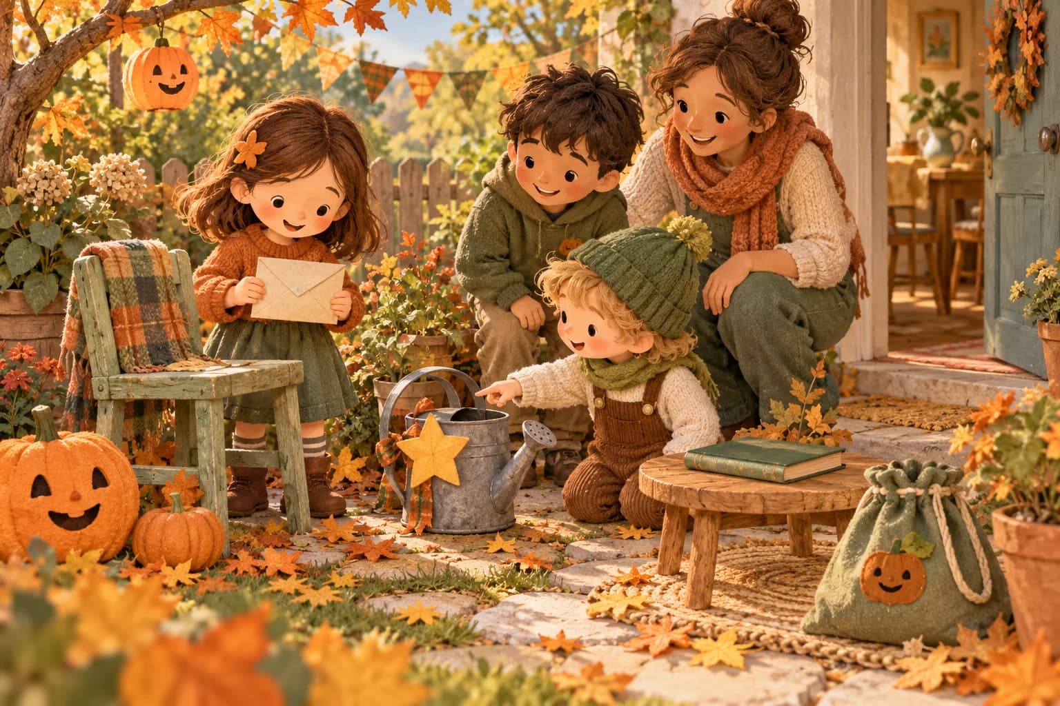 Des enfants cherchent des indices étoilés dans un jardin d’automne, près d’un arrosoir, d’un livre et d’un sac au trésor.