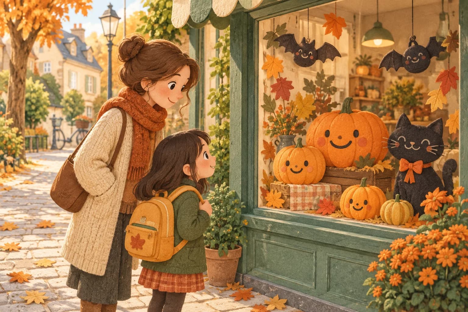 Un enfant et un parent regardent une vitrine décorée de citrouilles souriantes au début de l’automne.