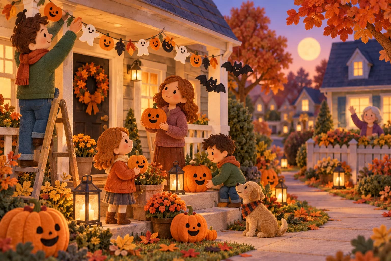 Famille décorant une maison pour un Halloween doux avec des citrouilles souriantes