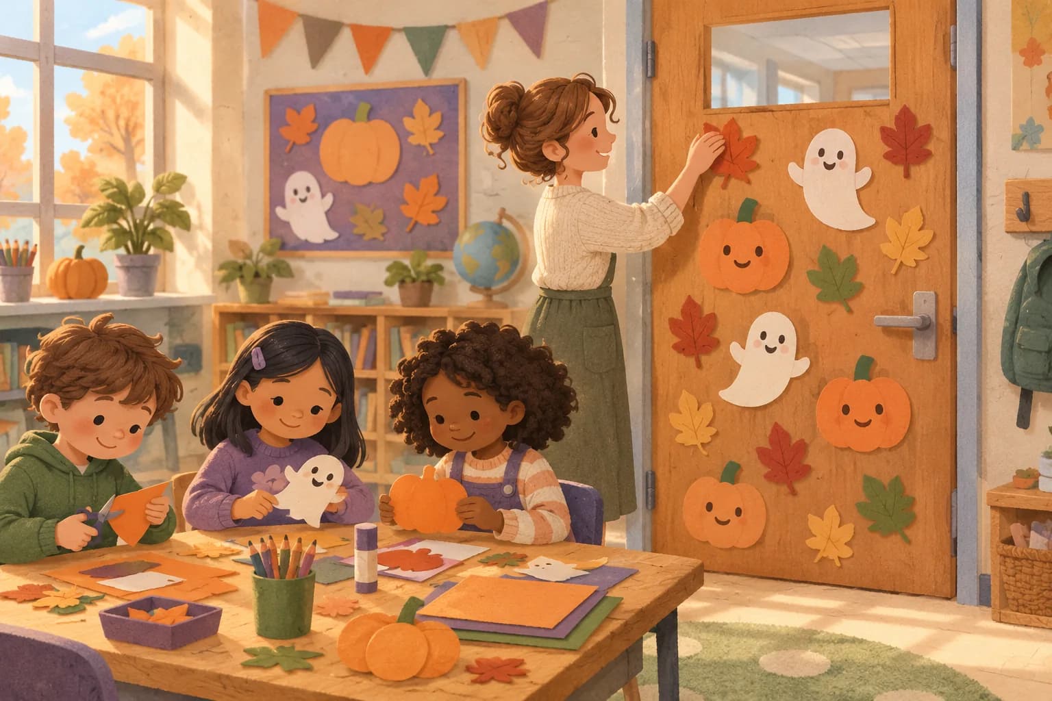 Des élèves et leur enseignante préparent des citrouilles en papier pour décorer une porte de classe.