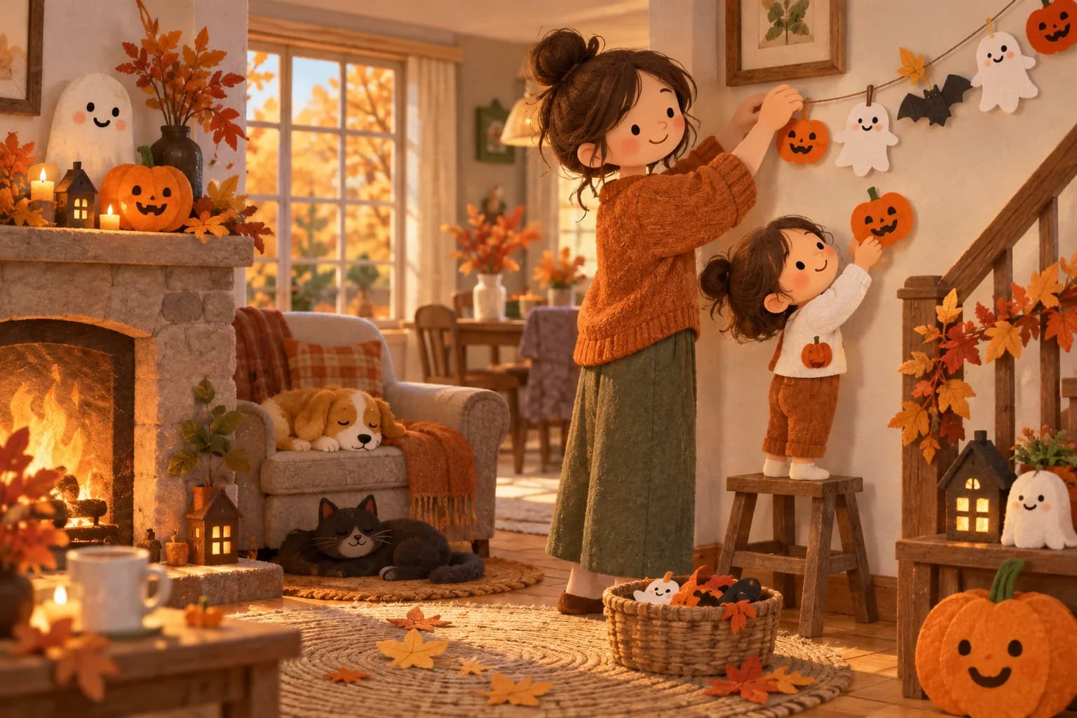 Un parent et un jeune enfant décorent une maison avec des citrouilles souriantes et une guirlande en papier