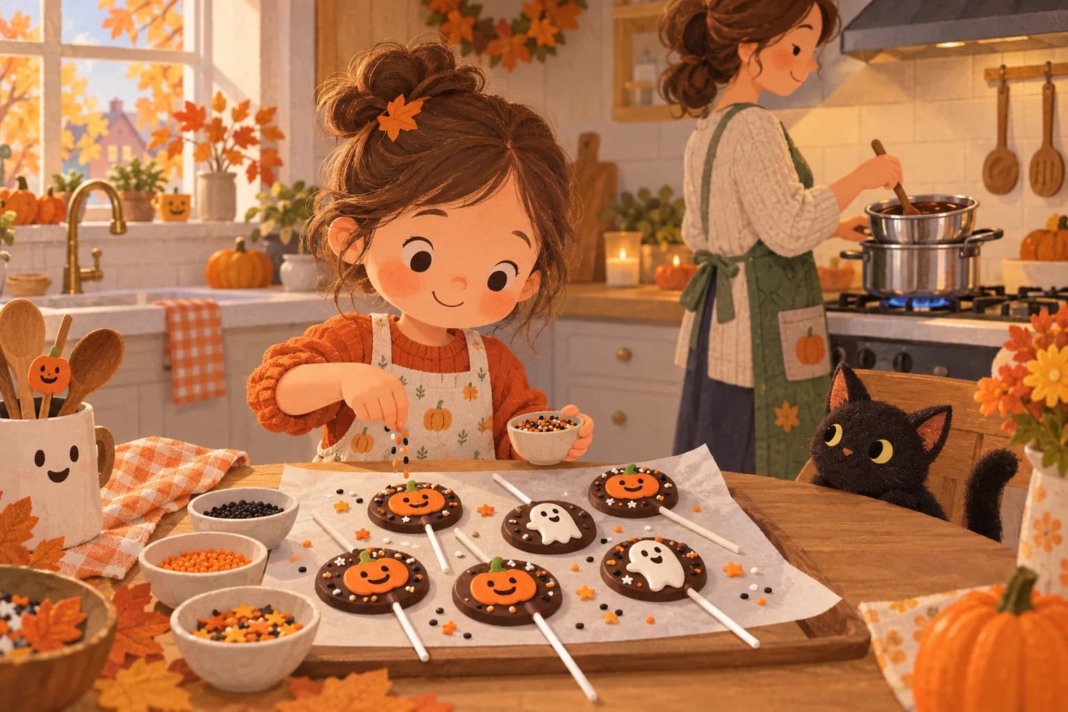 Un enfant prépare les décors des sucettes au chocolat pendant qu’un adulte fait fondre le chocolat au bain-marie.
