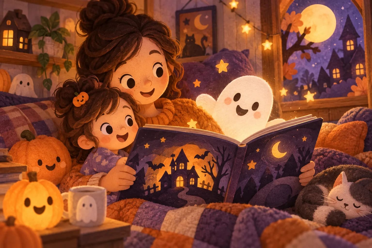 Un parent et un enfant lisent une histoire douce avec un petit fantôme souriant
