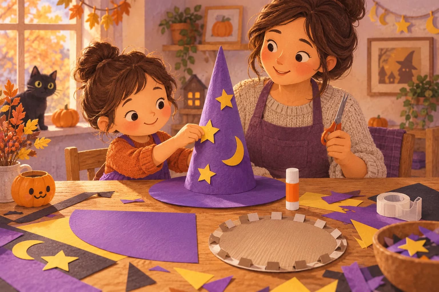 Un enfant et un parent fabriquent un chapeau de sorcière violet décoré de lunes et d’étoiles en papier.