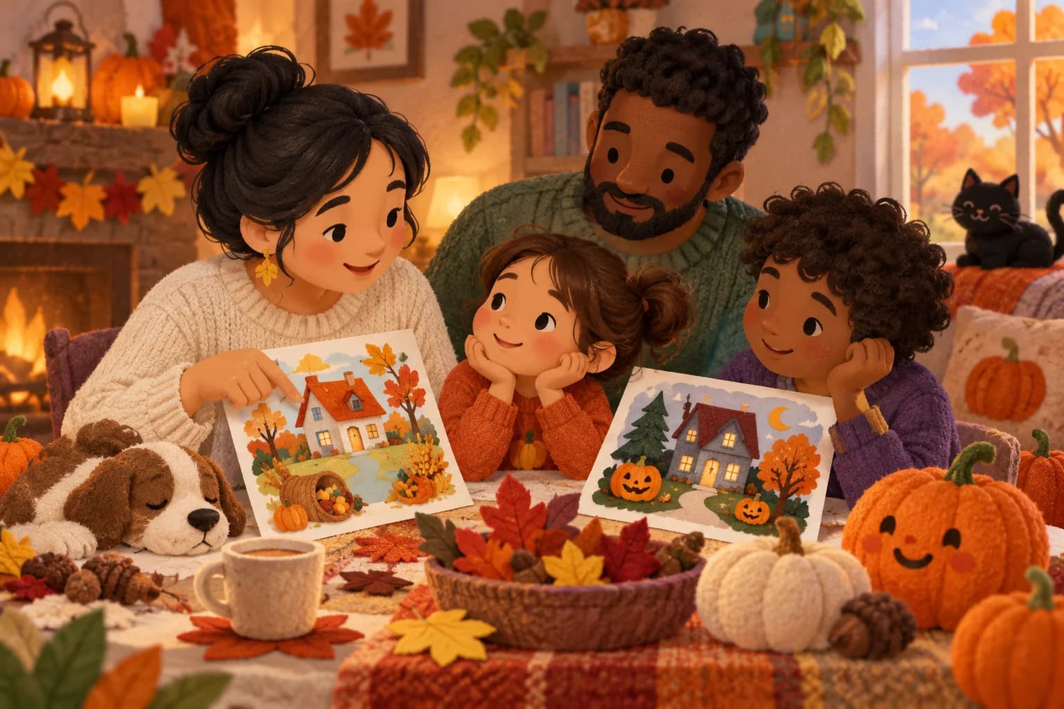Un parent et un enfant discutent calmement des traditions d’automne avec des dessins de maisons et des citrouilles souriantes