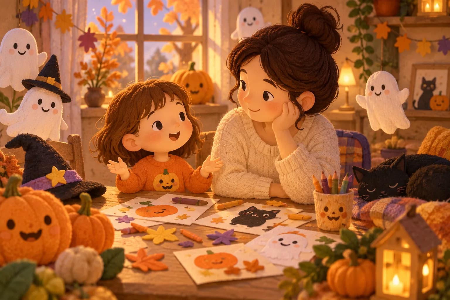 Un enfant et un parent parlent calmement près de décorations d'Halloween douces