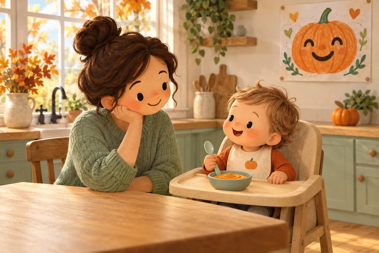 Un parent accompagne un tout-petit à table devant une compote, sous un grand dessin de citrouille souriante.