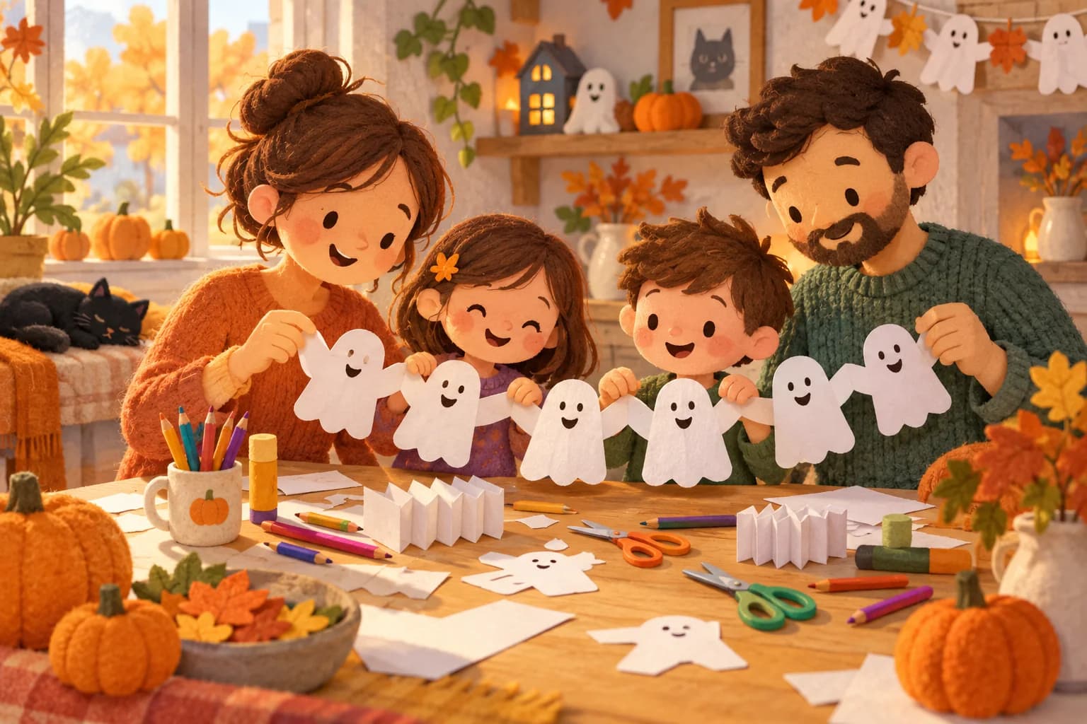 Un enfant et un adulte fabriquent une guirlande de petits fantômes en papier