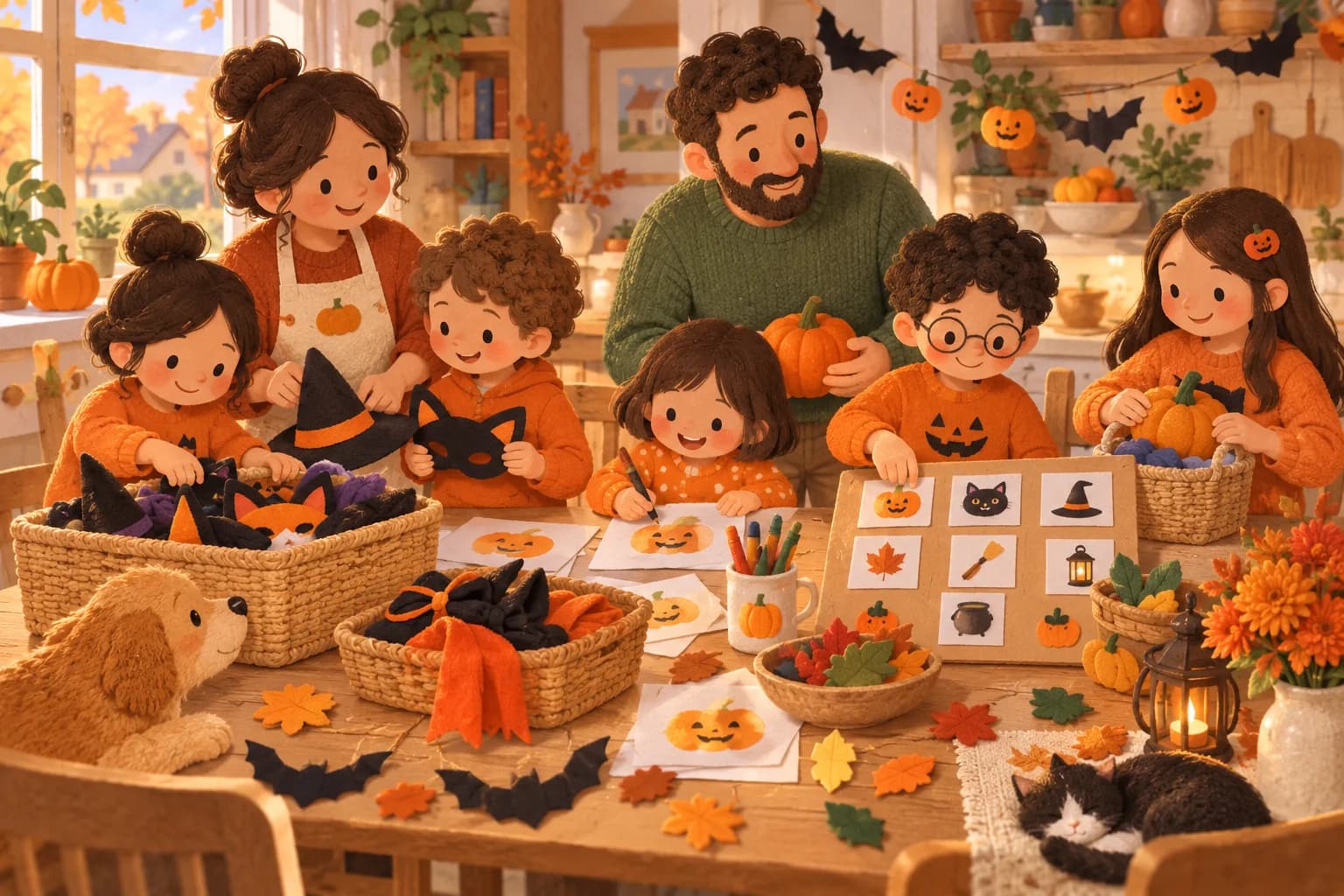 Une famille nombreuse prépare Halloween autour d’une table, entre dessins de citrouilles, paniers de déguisements et tableau de missions.