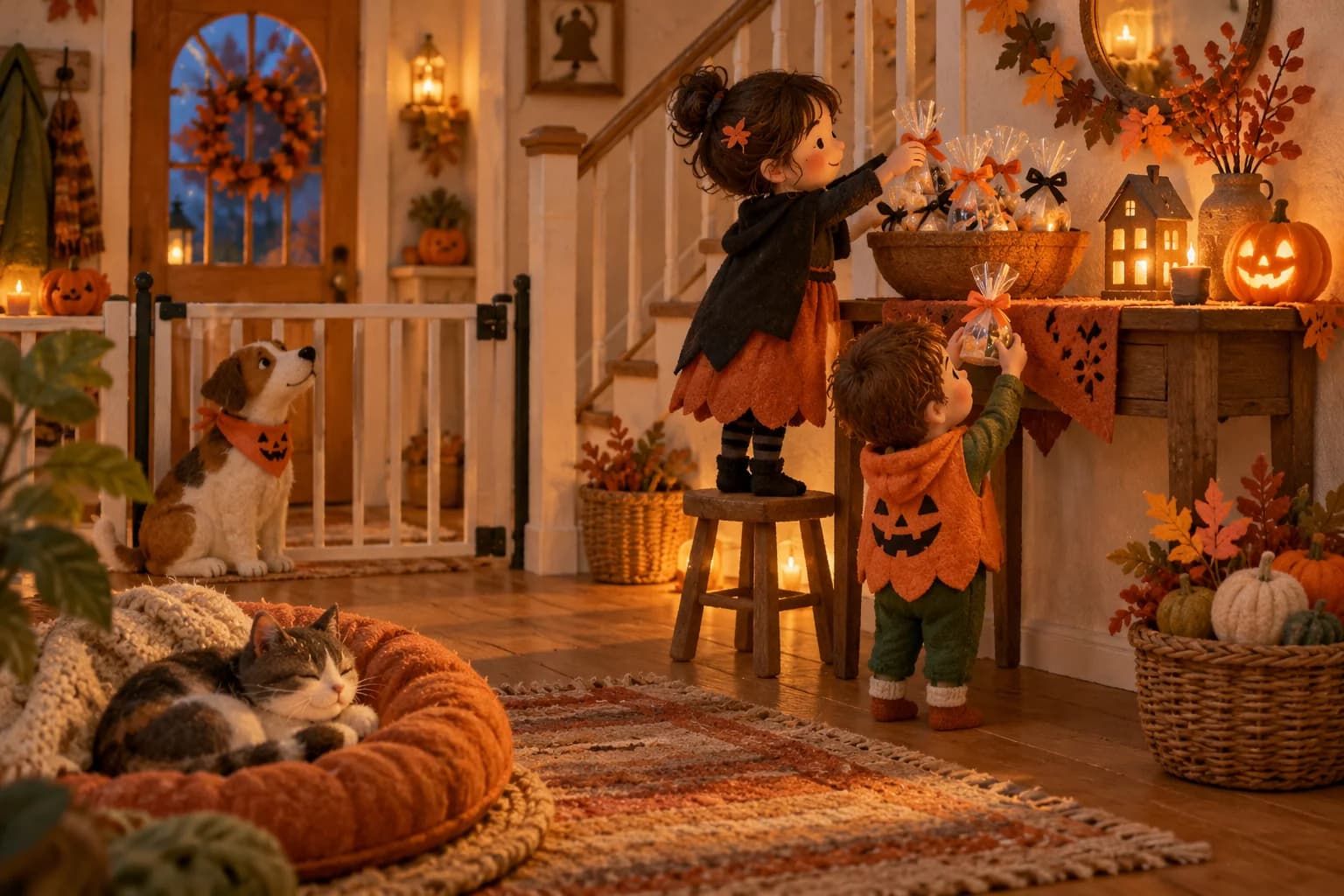 Enfants préparant une soirée d’Halloween calme avec un chat et un chien en sécurité