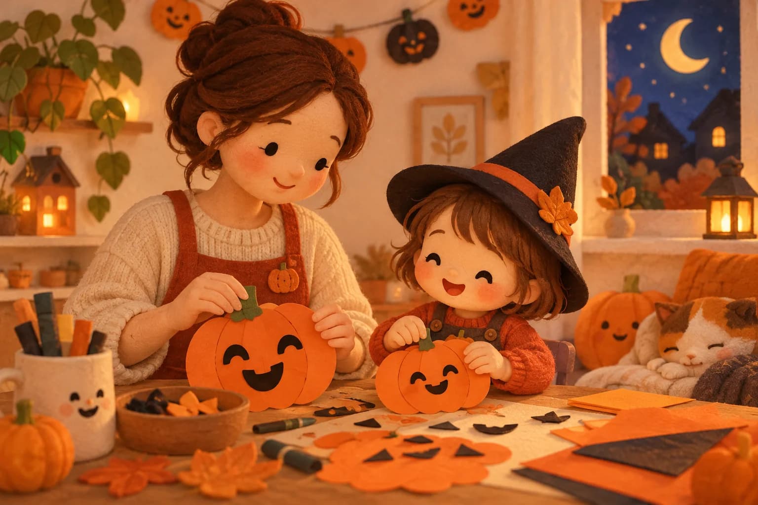 Un parent et un tout-petit décorent des citrouilles en papier dans une ambiance douce