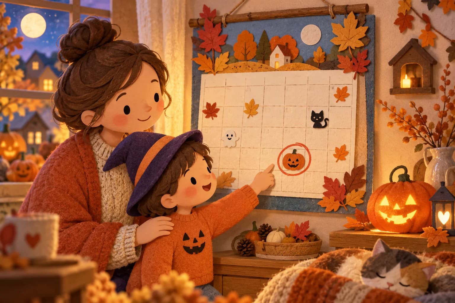 Un enfant et un parent regardent un calendrier d’automne avec une citrouille souriante