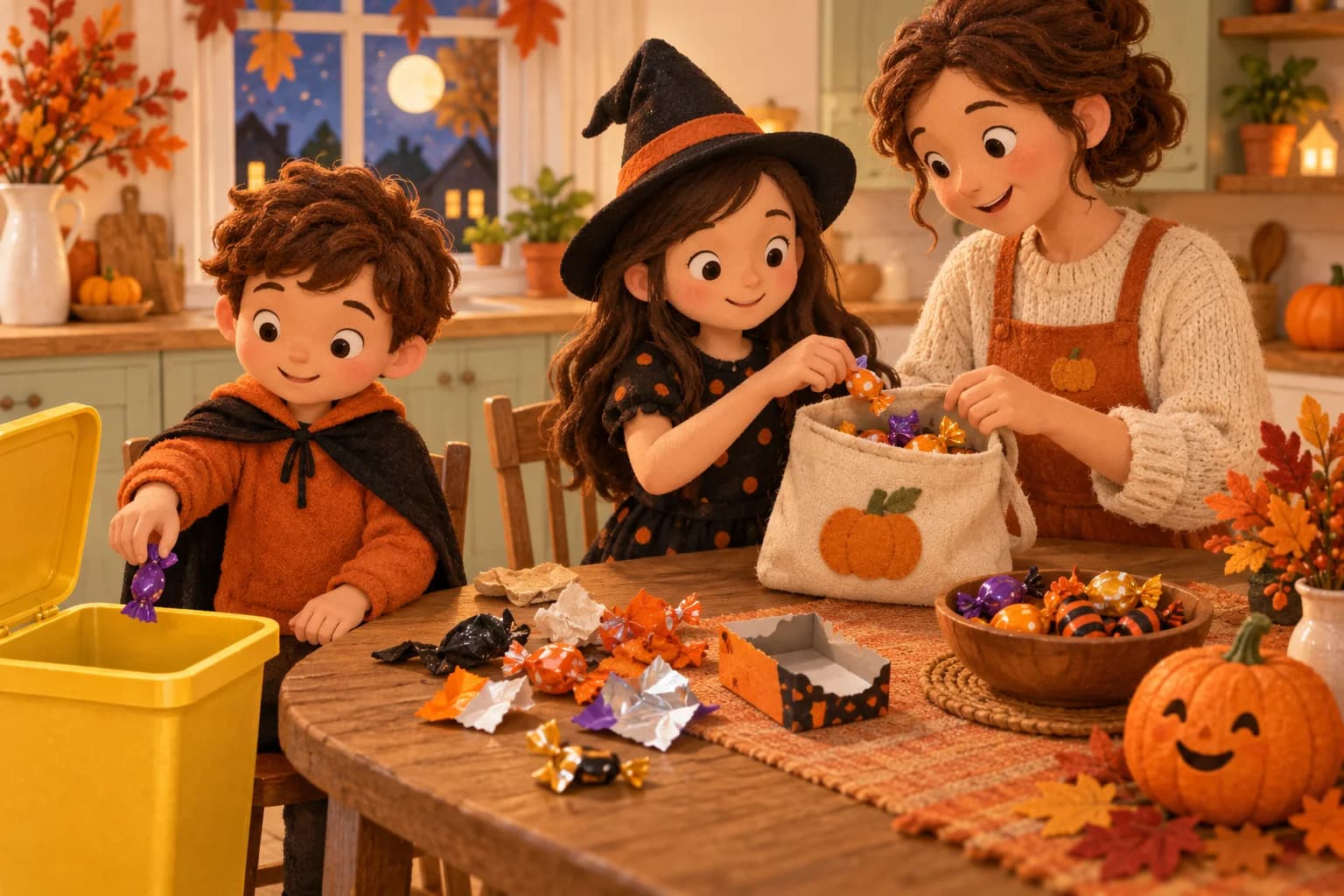Un parent et deux enfants trient des emballages de bonbons autour d’une table décorée pour Halloween.