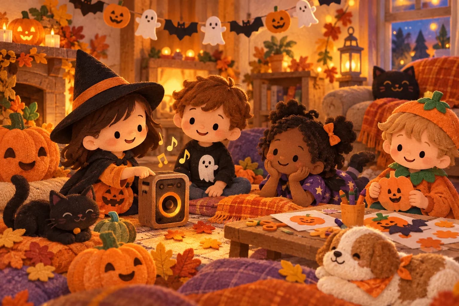 Enfants choisissant une musique douce pour une fête d’Halloween entourés de citrouilles