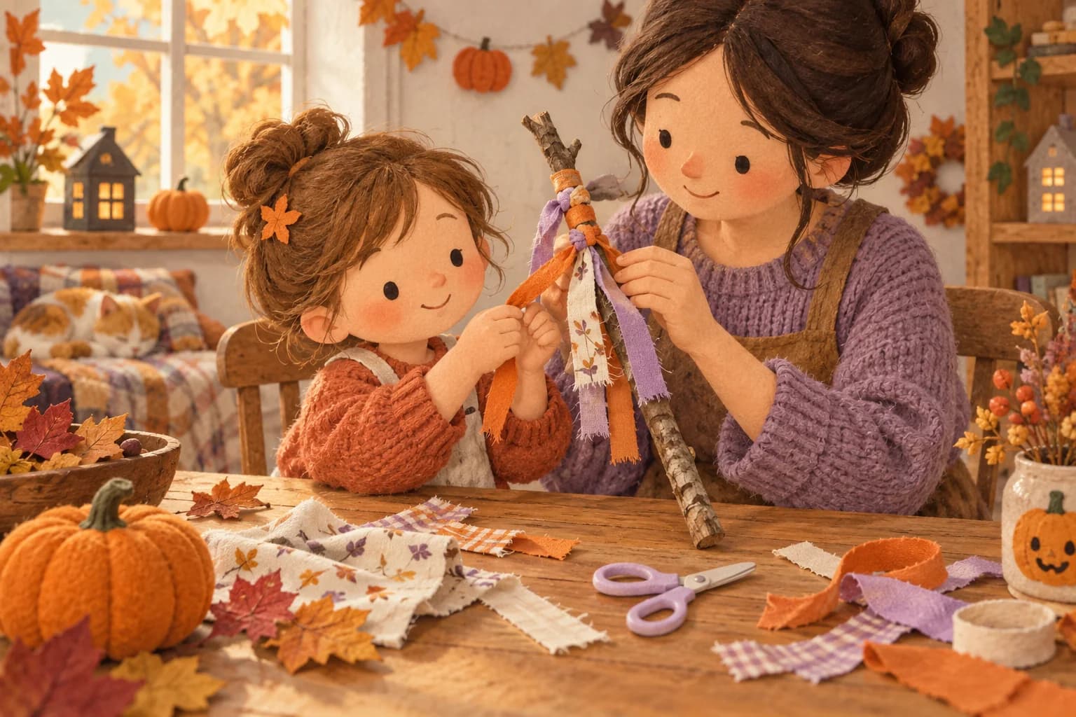 Un enfant et un parent décorent une branche de rubans orange, violets et écrus sur une table.