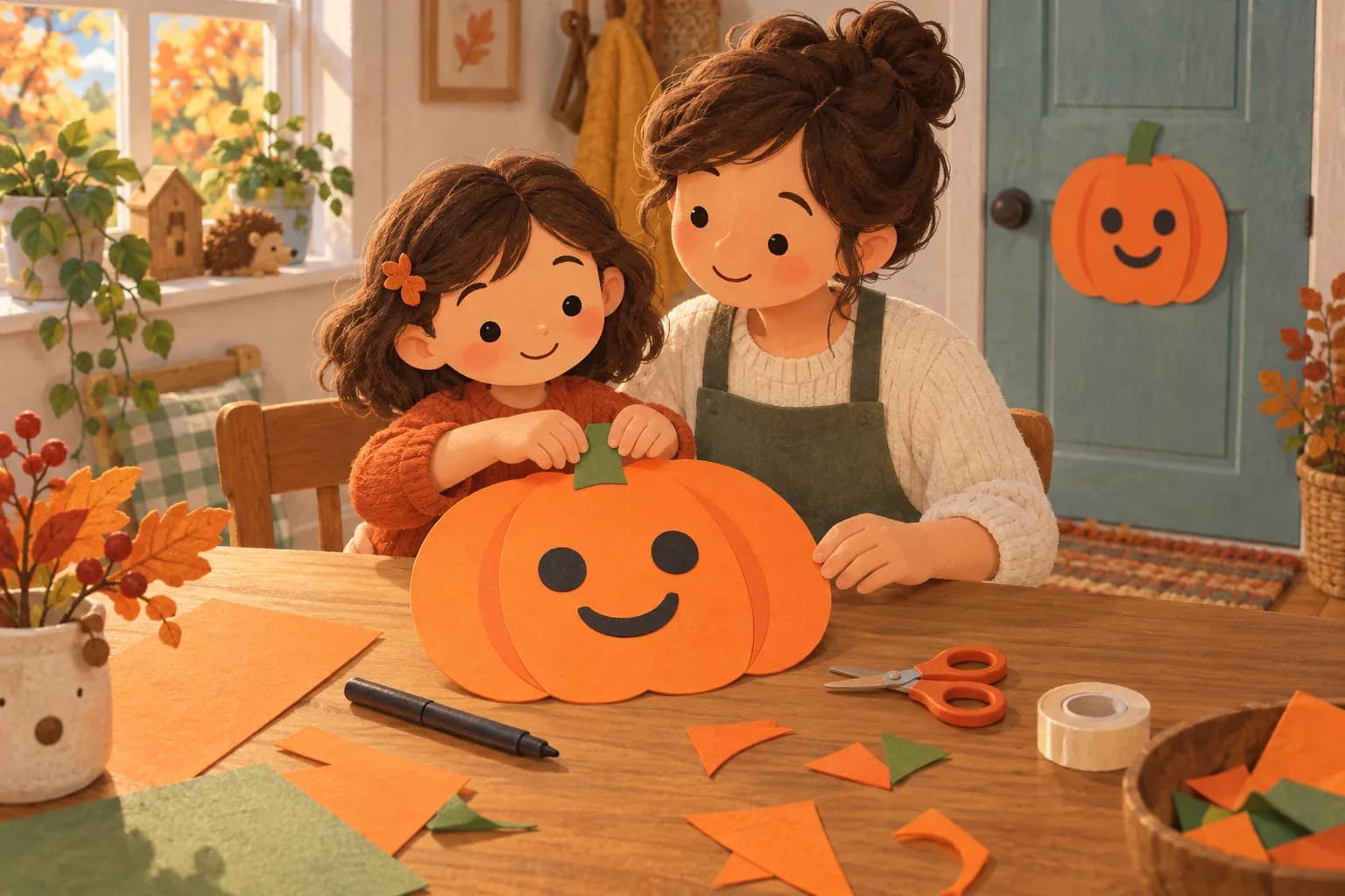 Un enfant et un parent fabriquent une citrouille souriante en papier orange, avec des ciseaux et un feutre.