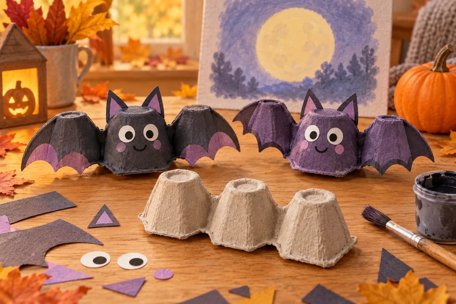 Deux chauves-souris souriantes fabriquées avec des boîtes à œufs, posées sur une table de bricolage.