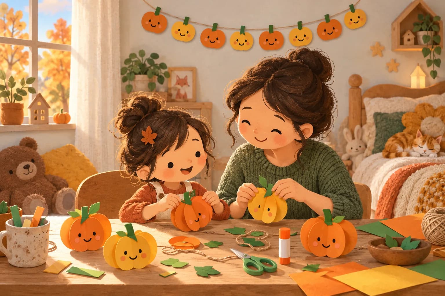 Un enfant et un parent fabriquent des citrouilles en papier, avec une guirlande orange et jaune accrochée au mur.