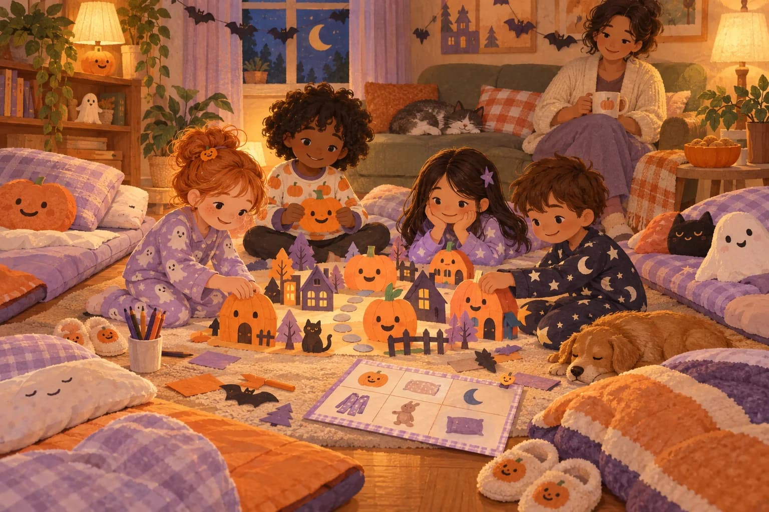 Quatre enfants en pyjama créent un village de citrouilles en papier dans un salon préparé pour une nuit entre copains.
