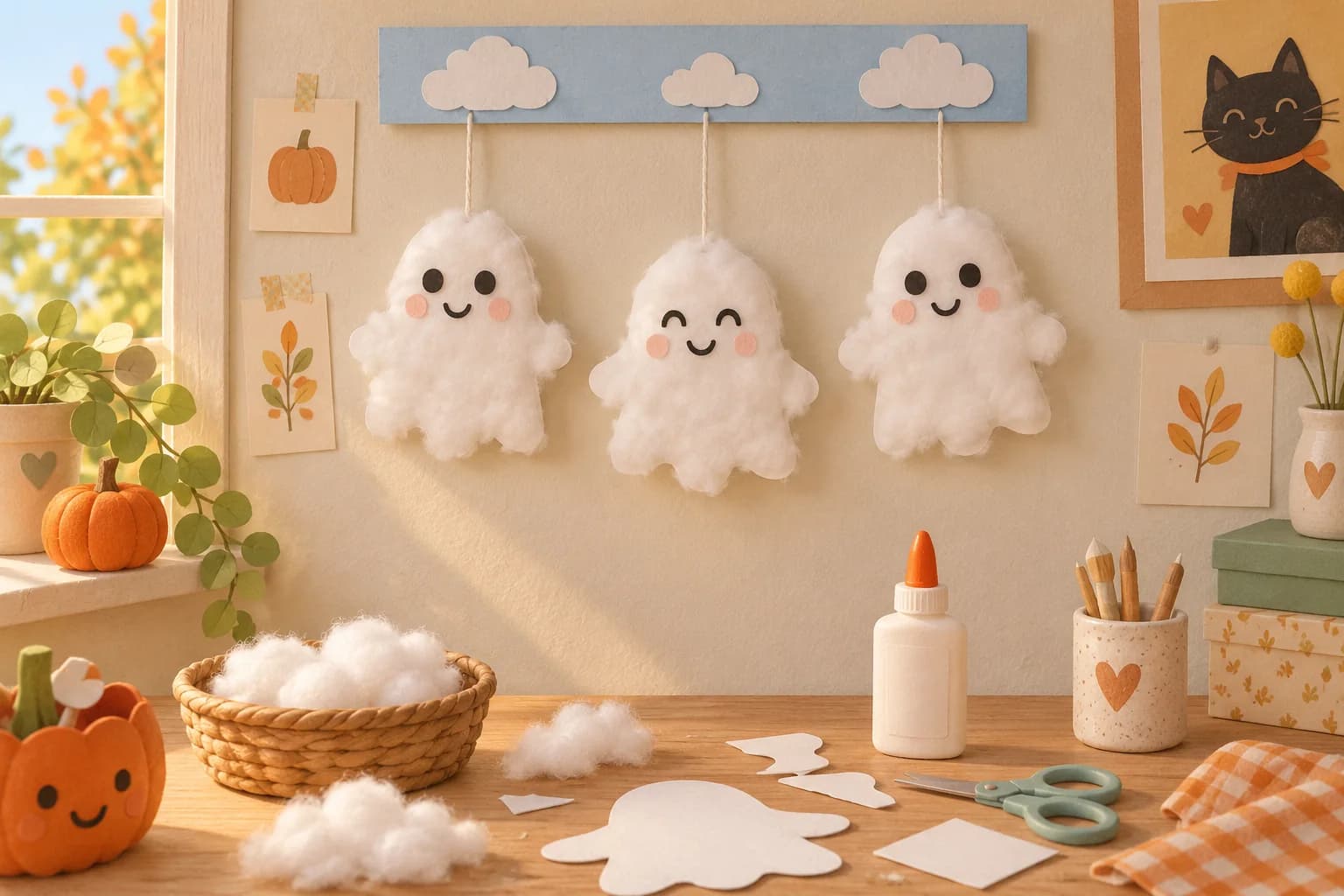 Trois petits fantômes souriants en coton suspendus à une bande de carton décorée de nuages.
