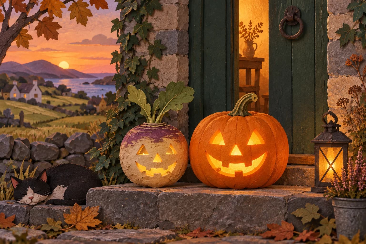 Citrouilles orange évidées avec des visages simples et souriants, posées sur un perron en automne