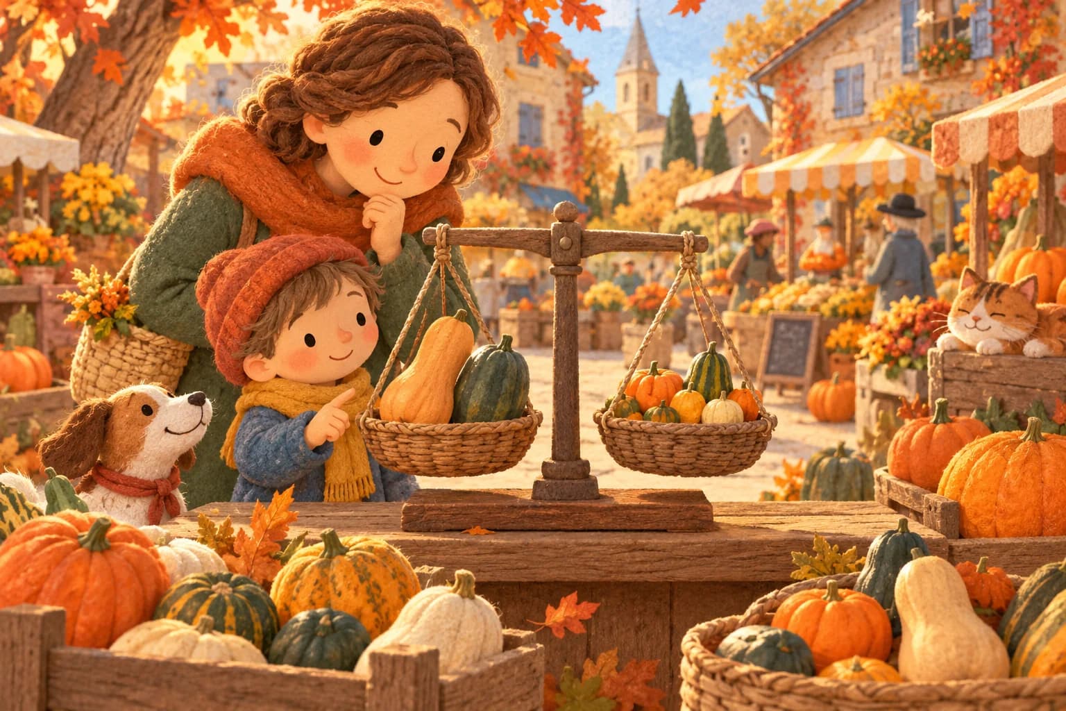 Un parent et un enfant observent une balance avec quelques grosses courges d’un côté et plusieurs petites de l’autre sur un marché d’automne.
