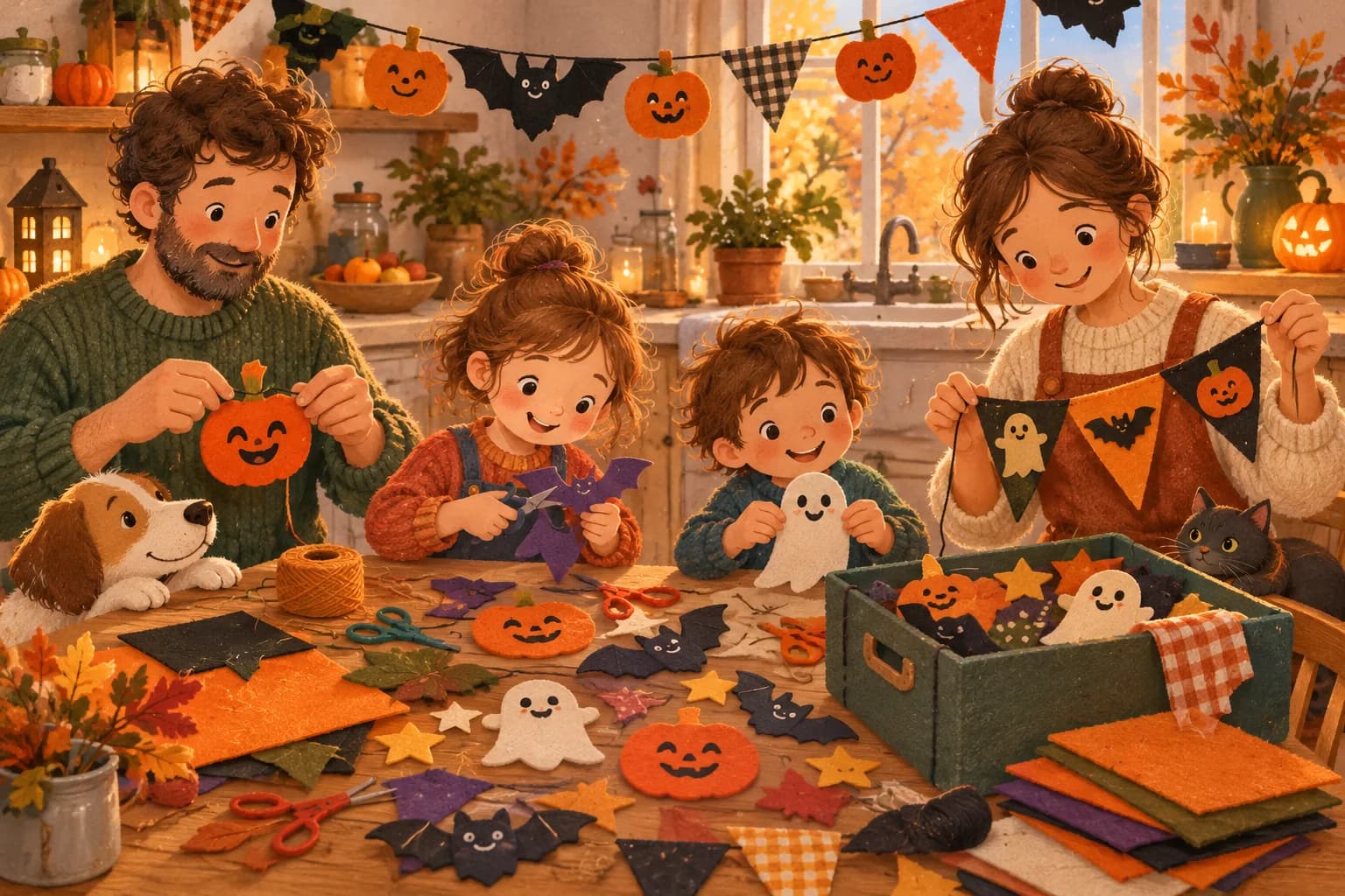 Famille fabriquant des décorations d'Halloween réutilisables autour d'une table