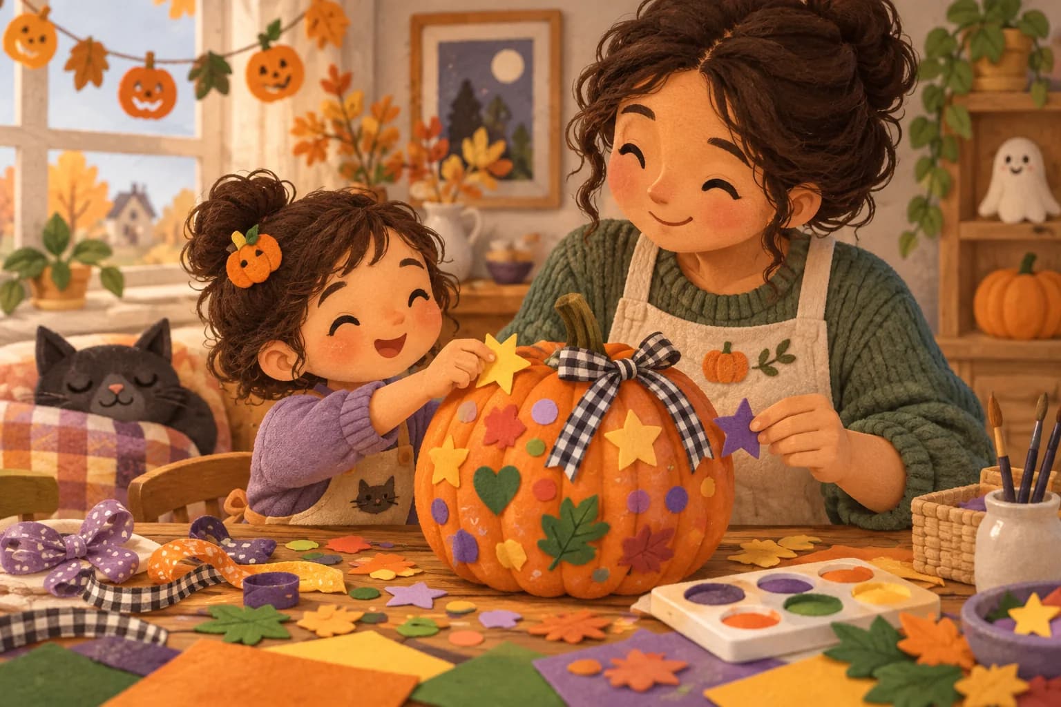 Un enfant et un parent décorent une citrouille entière avec des formes colorées, des rubans et des étoiles