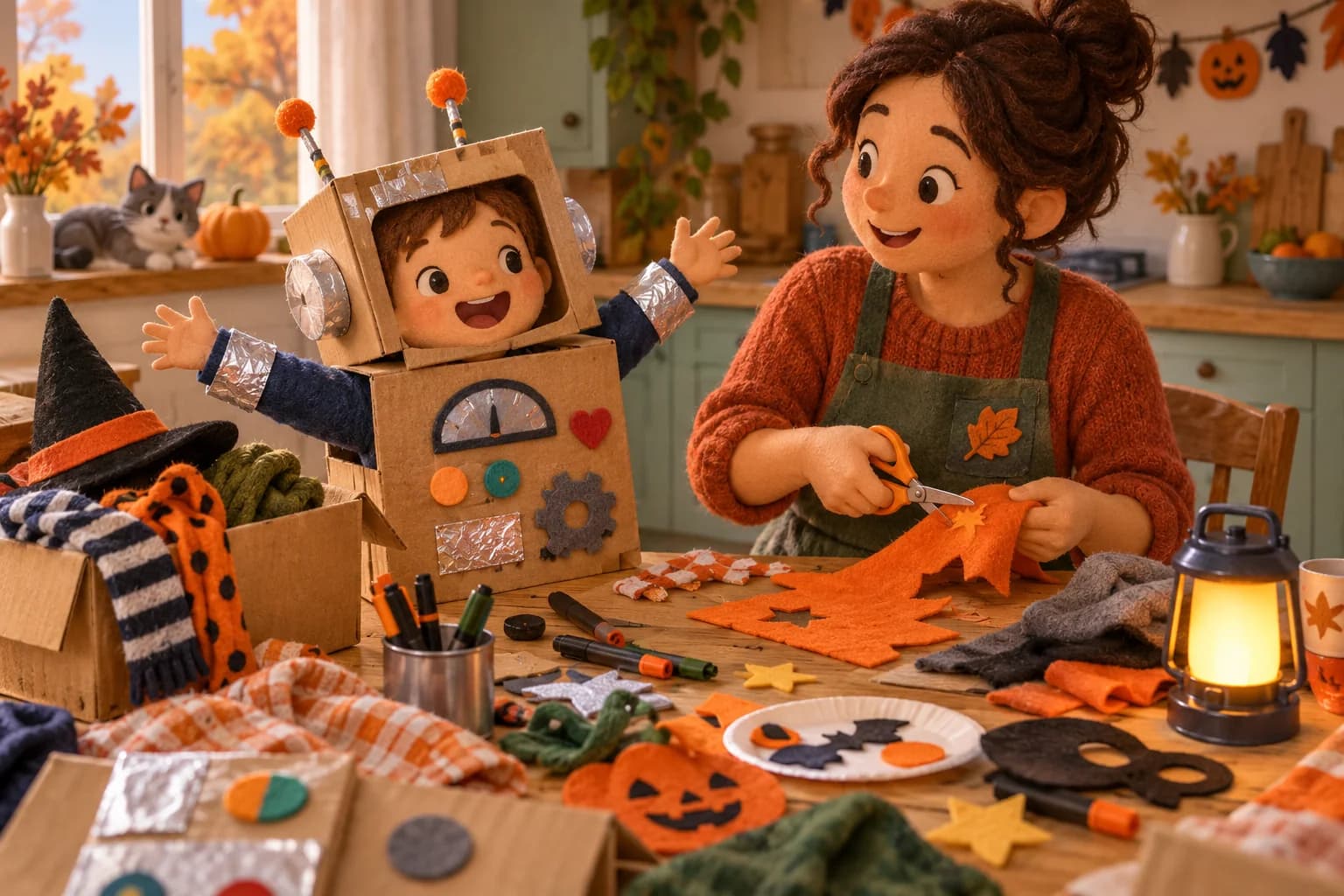 Un enfant et un parent fabriquent des déguisements d’Halloween avec du carton, de vieux vêtements et du papier autour d’une table.