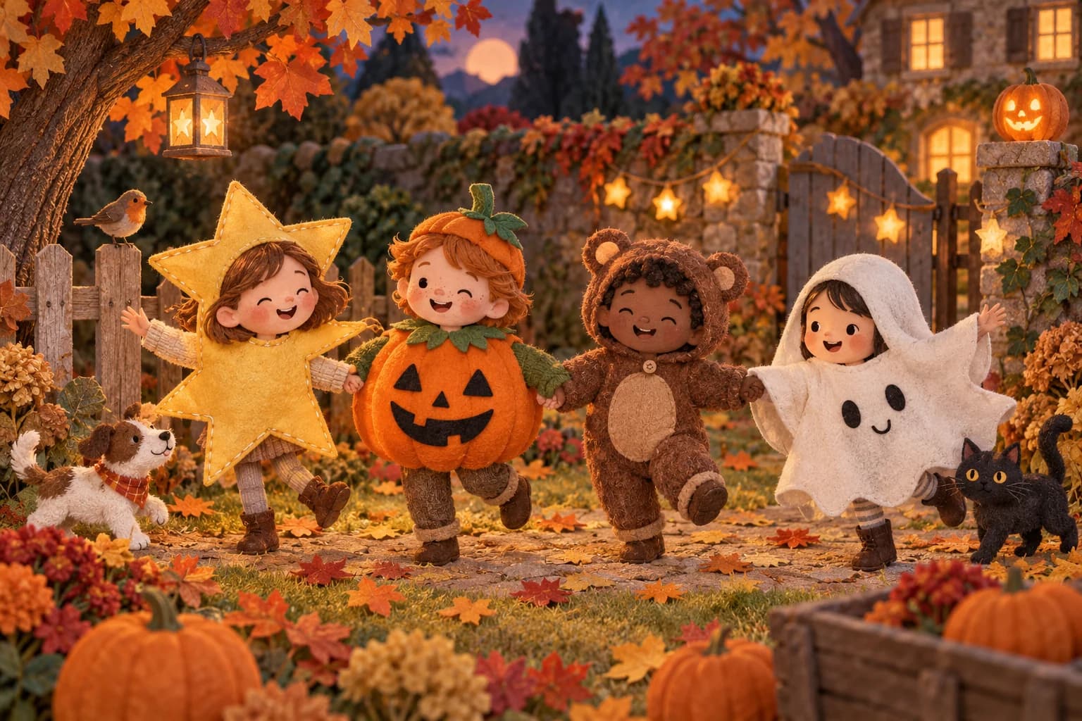Enfants portant des déguisements colorés et adaptés à leur âge lors d’une activité festive d’Halloween