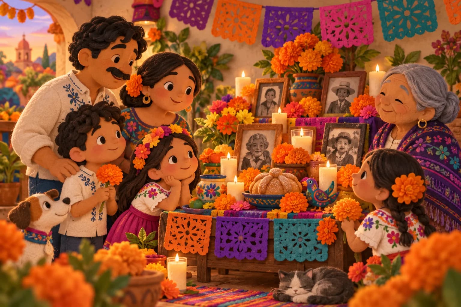 Famille réunie autour d'une table colorée décorée de fleurs et de souvenirs