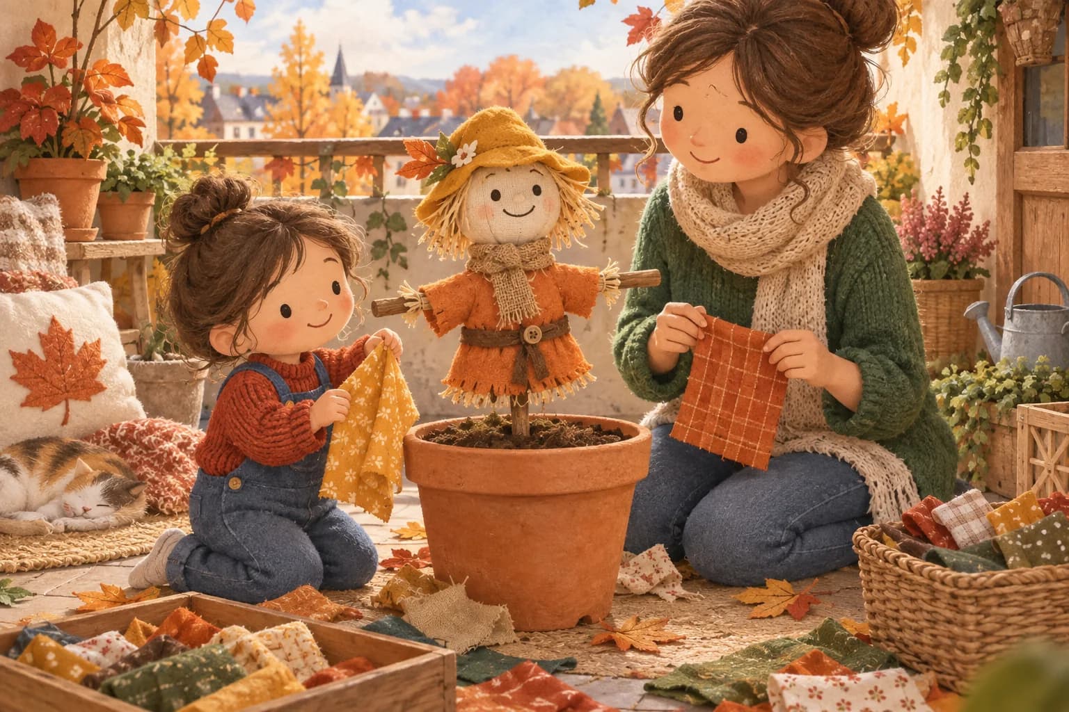 Un enfant et un adulte décorent un petit épouvantail souriant installé dans un pot sur un balcon.
