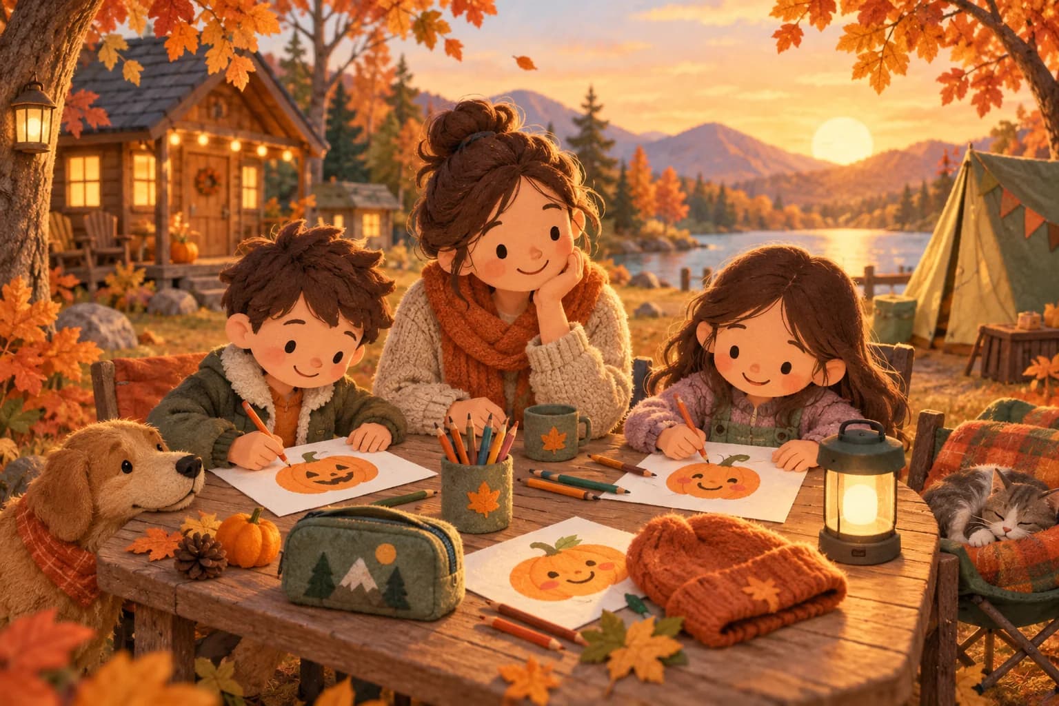 Deux enfants et un parent dessinent des citrouilles à une table de camping, près d’une tente et d’un chalet.