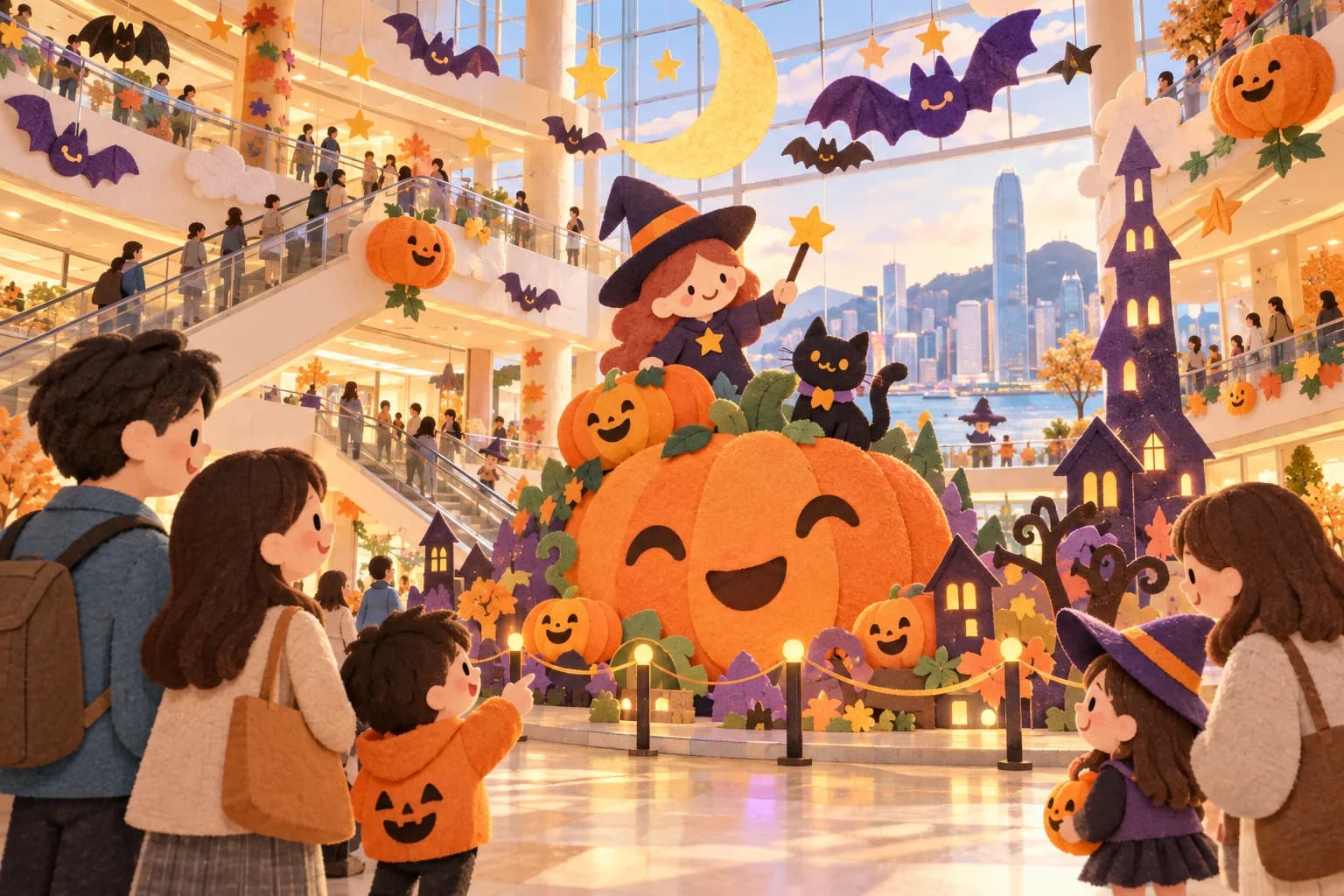 Grand hall de centre commercial décoré avec des citrouilles souriantes et des enfants en famille