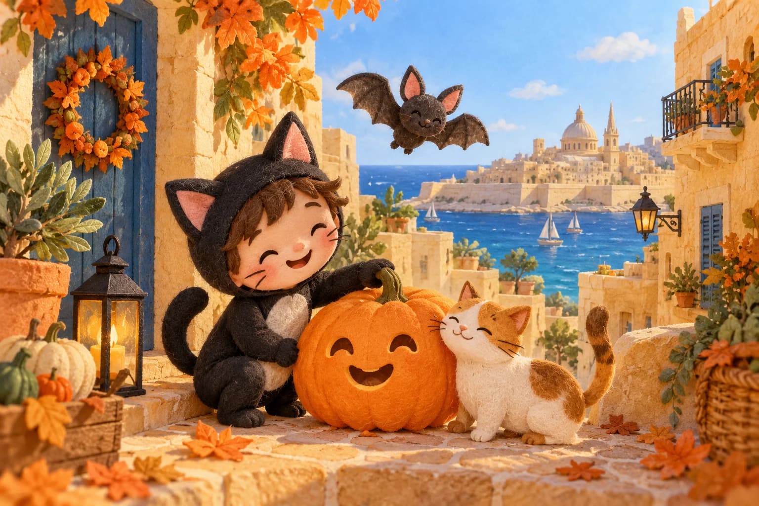 Enfant déguisé en petit chat devant un village maltais en automne, avec une citrouille souriante et la mer en arrière-plan