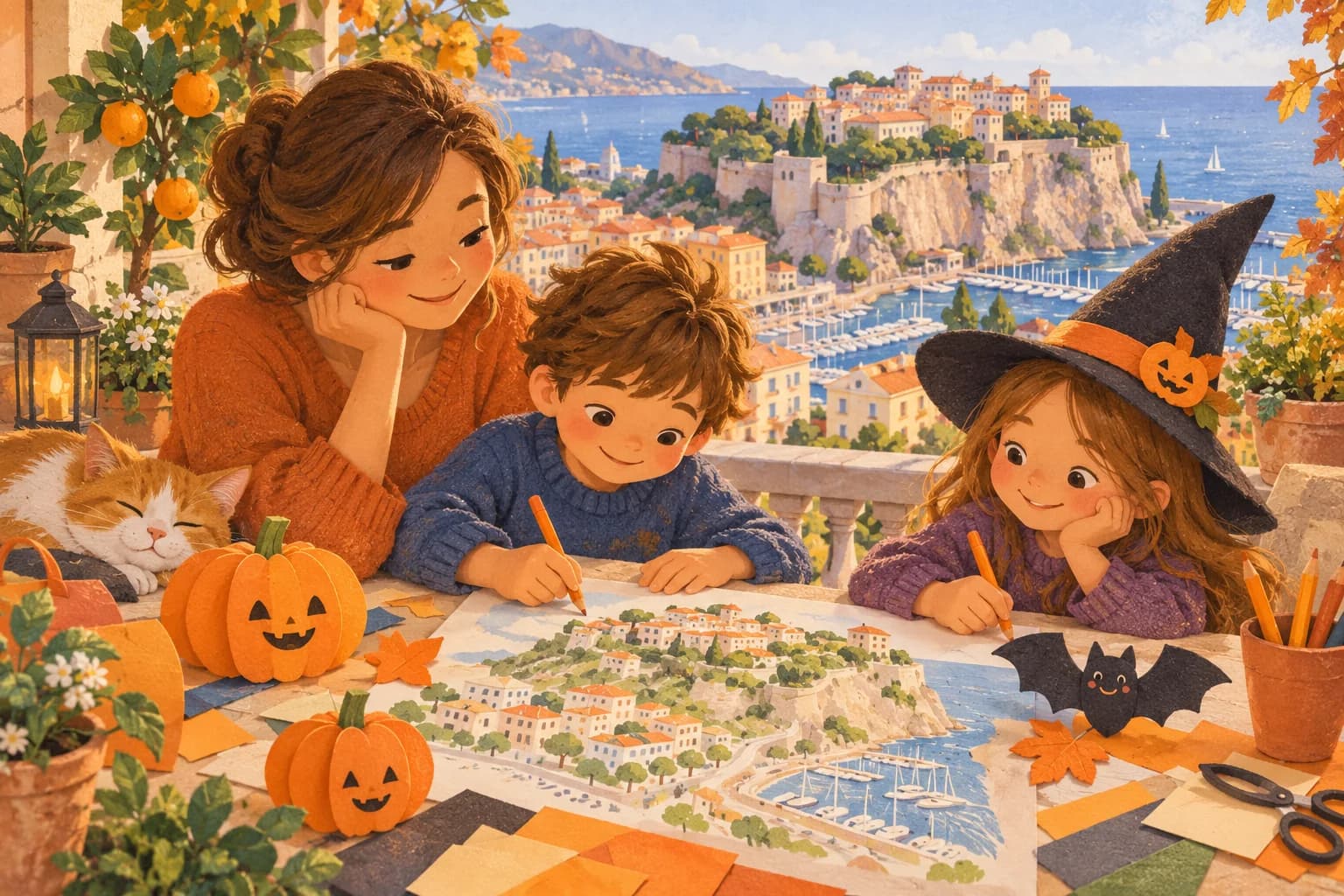 Deux enfants et un parent fabriquent une carte d’Halloween sur une terrasse, avec le Rocher de Monaco et la mer en arrière-plan.
