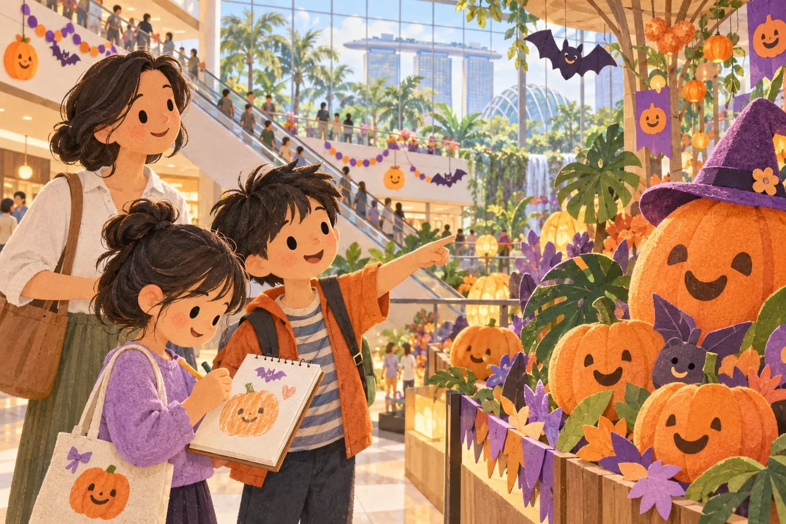 Une famille observe des citrouilles souriantes et des guirlandes dans un centre commercial à Singapour.