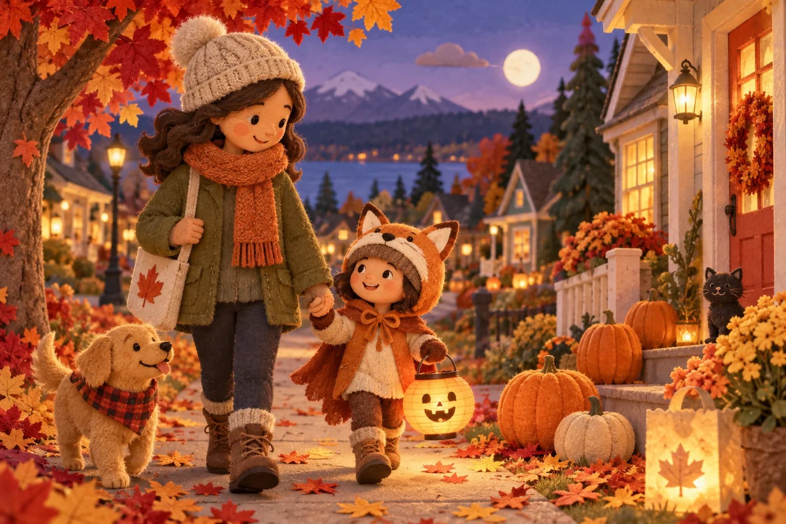 Un enfant en costume chaud marche avec un parent parmi les citrouilles et les feuilles d'automne