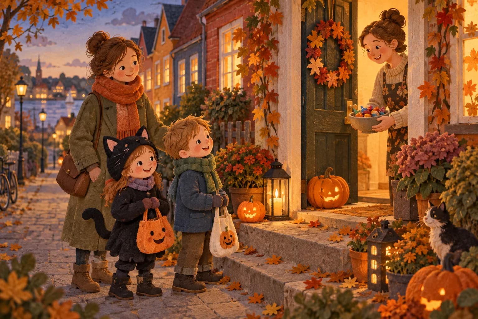 Deux enfants accompagnés d’un parent devant une maison danoise décorée de citrouilles souriantes.