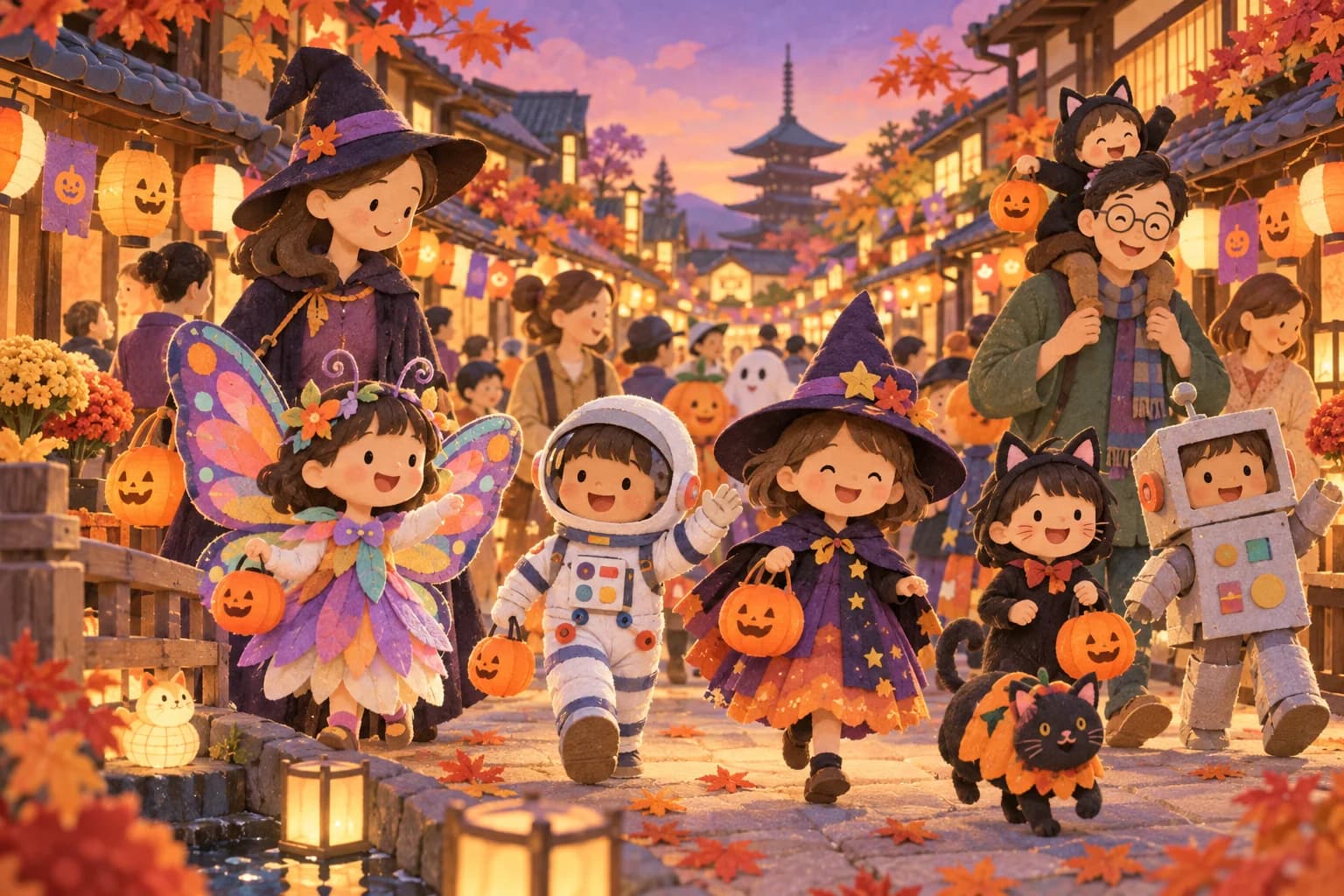 Défilé japonais d’enfants et de parents en costumes colorés dans une rue décorée pour Halloween