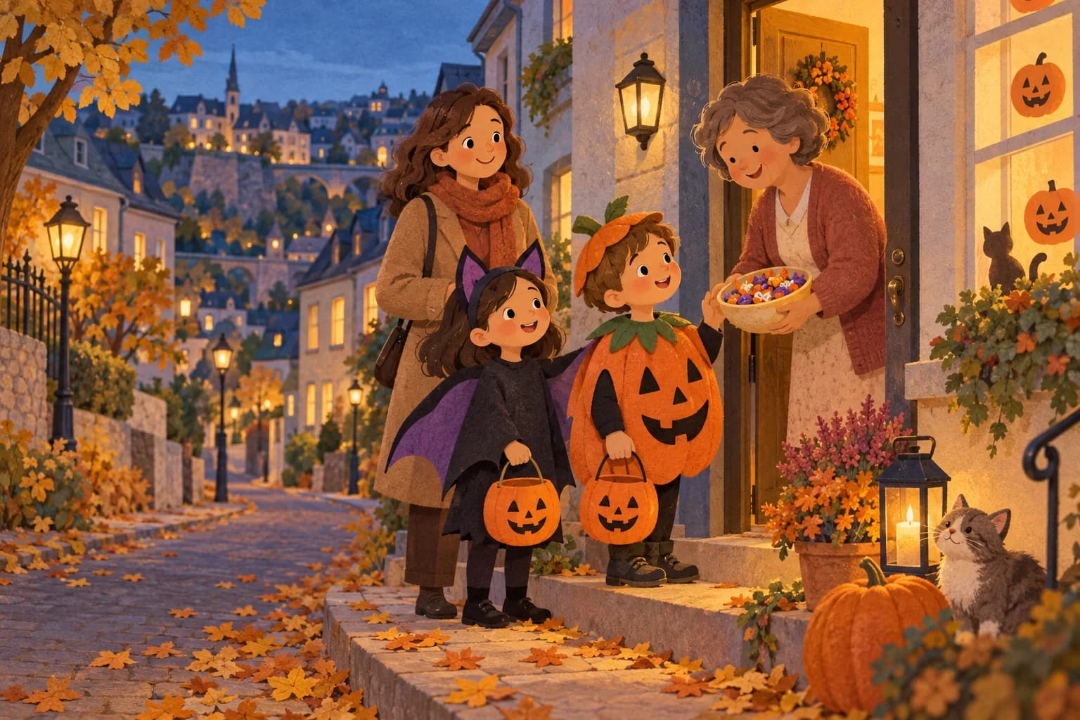 Deux enfants déguisés et un parent rendent visite à un voisin, devant une fenêtre décorée de citrouilles au Luxembourg.