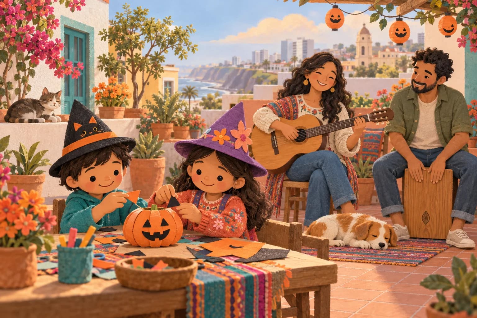Dans une cour à Lima, des enfants décorent une citrouille en papier près de deux adultes jouant de la guitare et du cajón.