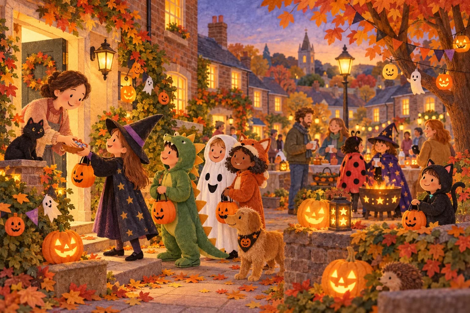 Petite fête d’Halloween douce dans un quartier britannique décoré de citrouilles