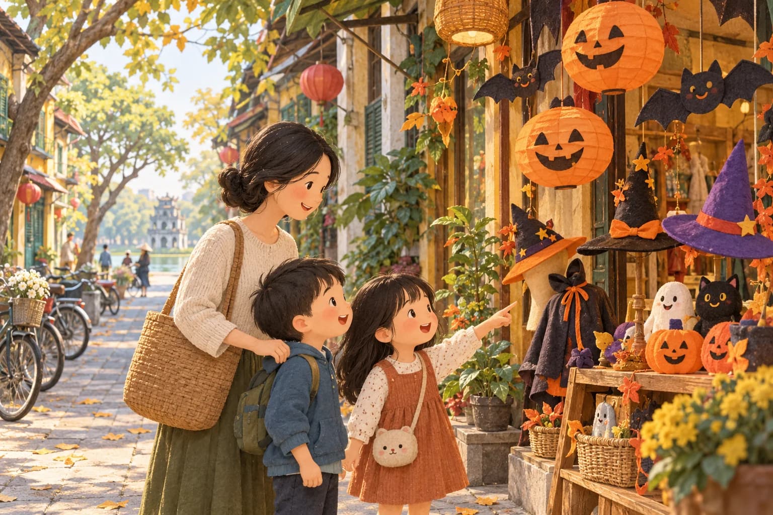 Une famille observe des citrouilles souriantes et des chapeaux de déguisement devant une boutique à Hanoï.